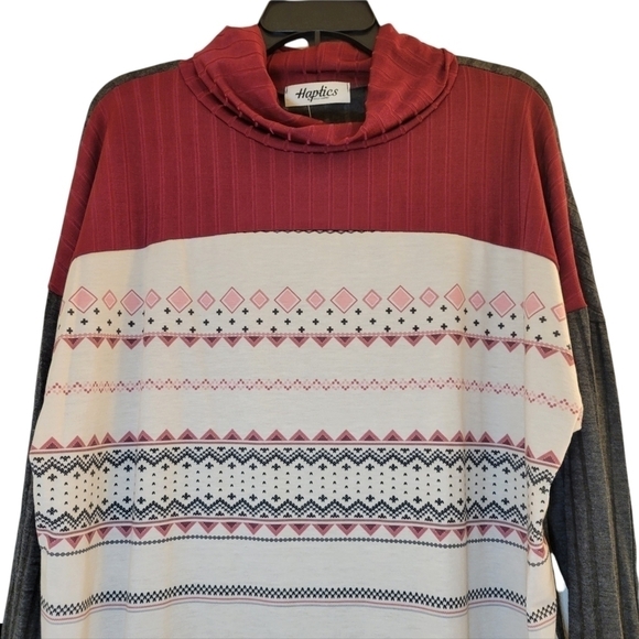 Ribbed Crimson Cowl Neck Turtleneck with French Terry Ethnic/Tribal Print - Picture 11 of 12